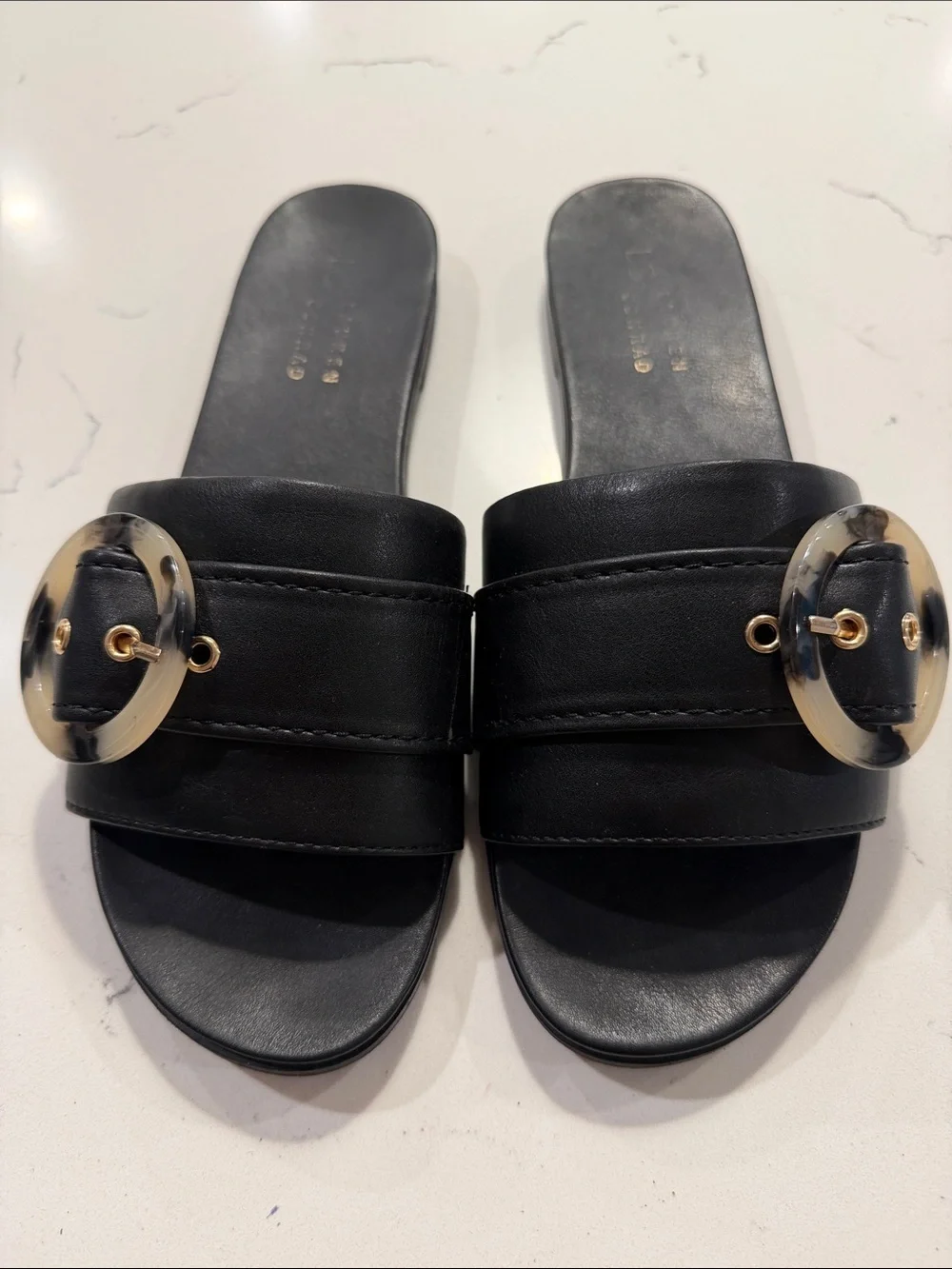 LC Lauren Conrad Henna Black Slide Sandals, Tortoiseshell Circle Buckle. Size 9.
